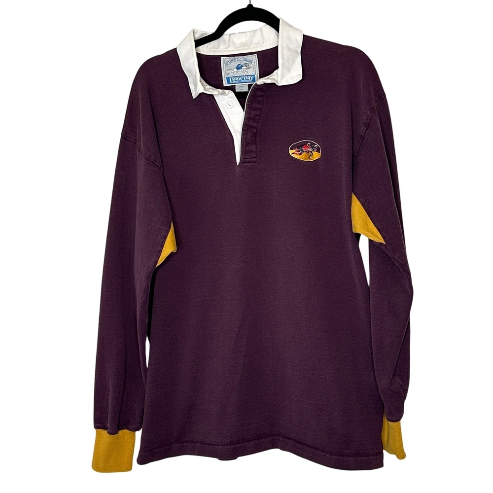 Vintage Lands End Mens Authentic Rugby Shirt Maroon Yellow‎ Logo Size XL USA